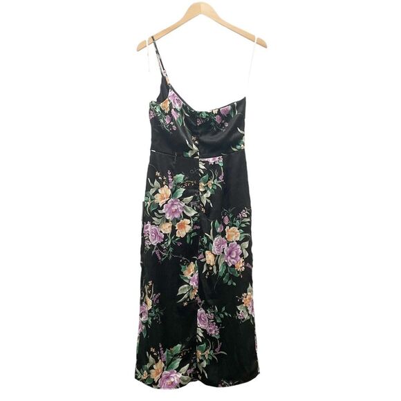NWT Lulus Keepin' It Chic Black Floral Satin One-Shoulder Midi Dress Size Medium - Picture 2 of 14